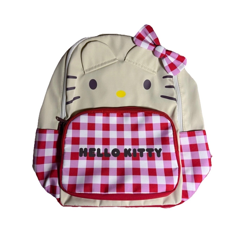 Hello Kitty Backpack Red Gingham‎ Check with Removable Bow School Bag NWOT